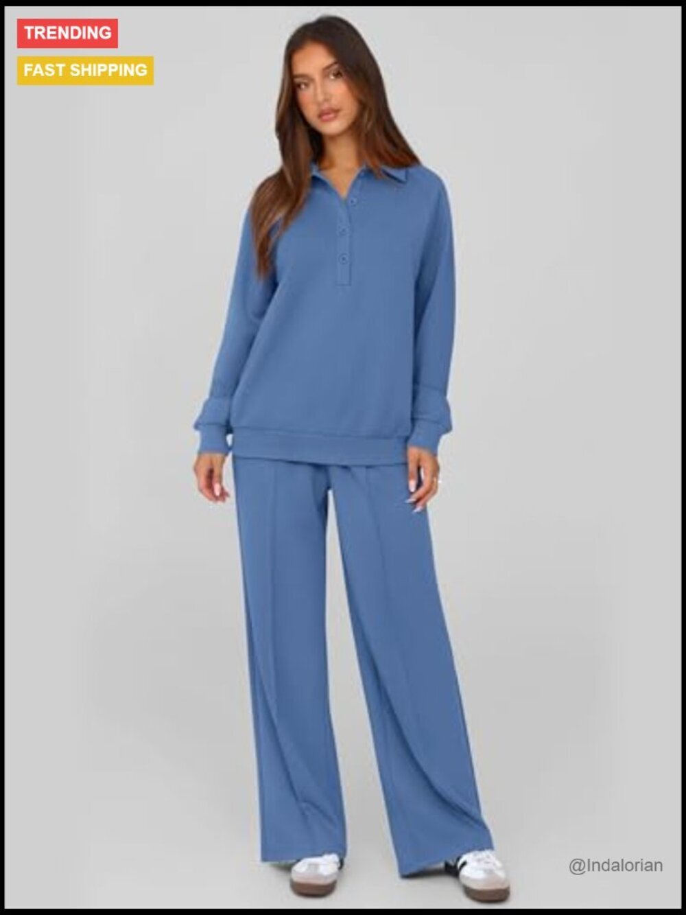Quarter Button Long Sleeve Sweatshirt Wide Leg Pants Tracksuit Set - Picture 6 of 7